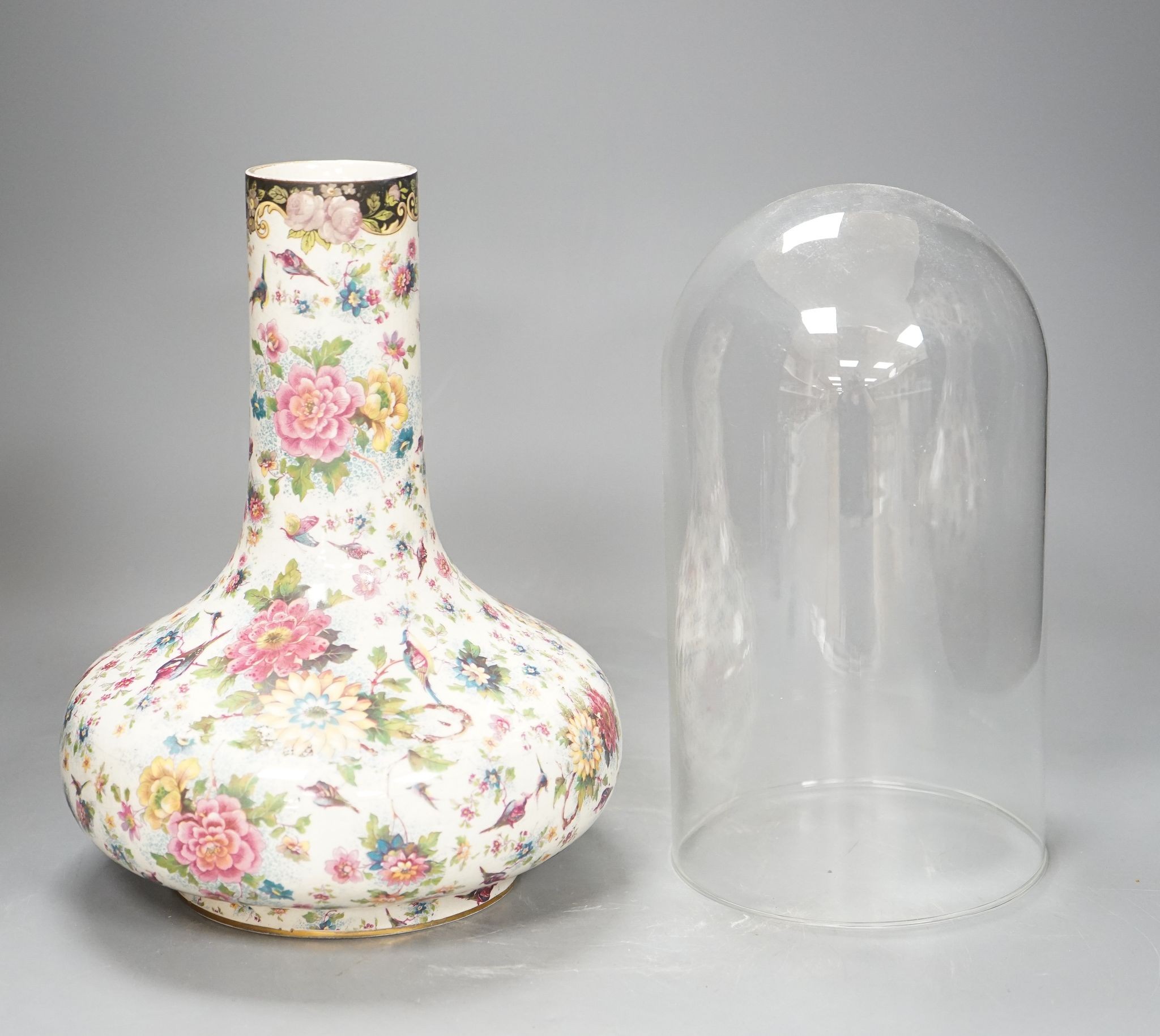 A mid 20th century Chintz vase and a glass dome, vase 27cm